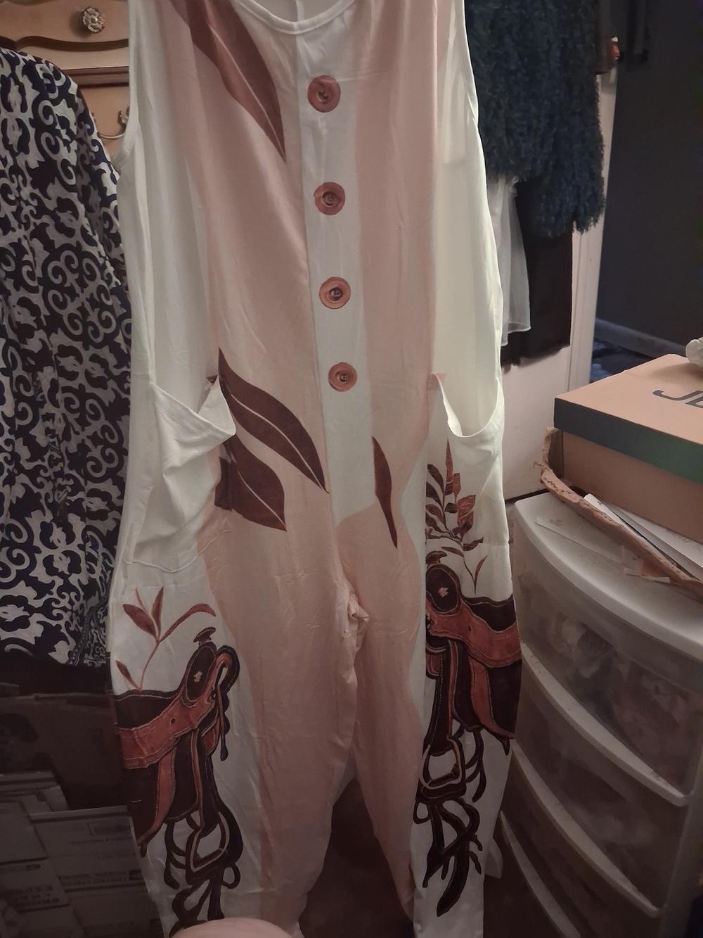 New Western knit 3d Print Slip On Jumpsuit Brown Saddle Print Accents,Pockets M